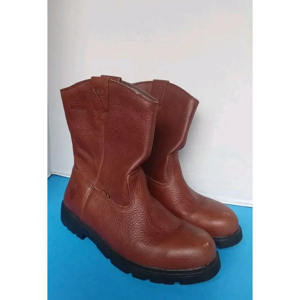 Survivors Mens Brown‎ Leather Steel Toe Waterproof Pull On Work Boots Wellington